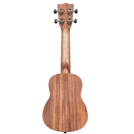 The image shows the back of a ukulele with a natural wood finish and visible grain patterns. It features four metal tuning pegs on the headstock and a traditional compact body shape, likely concert or tenor size. The instrument appears well-crafted with solid wood construction and high-quality tuning machines, suggesting it is made from a tonewood such as mahogany or koa.