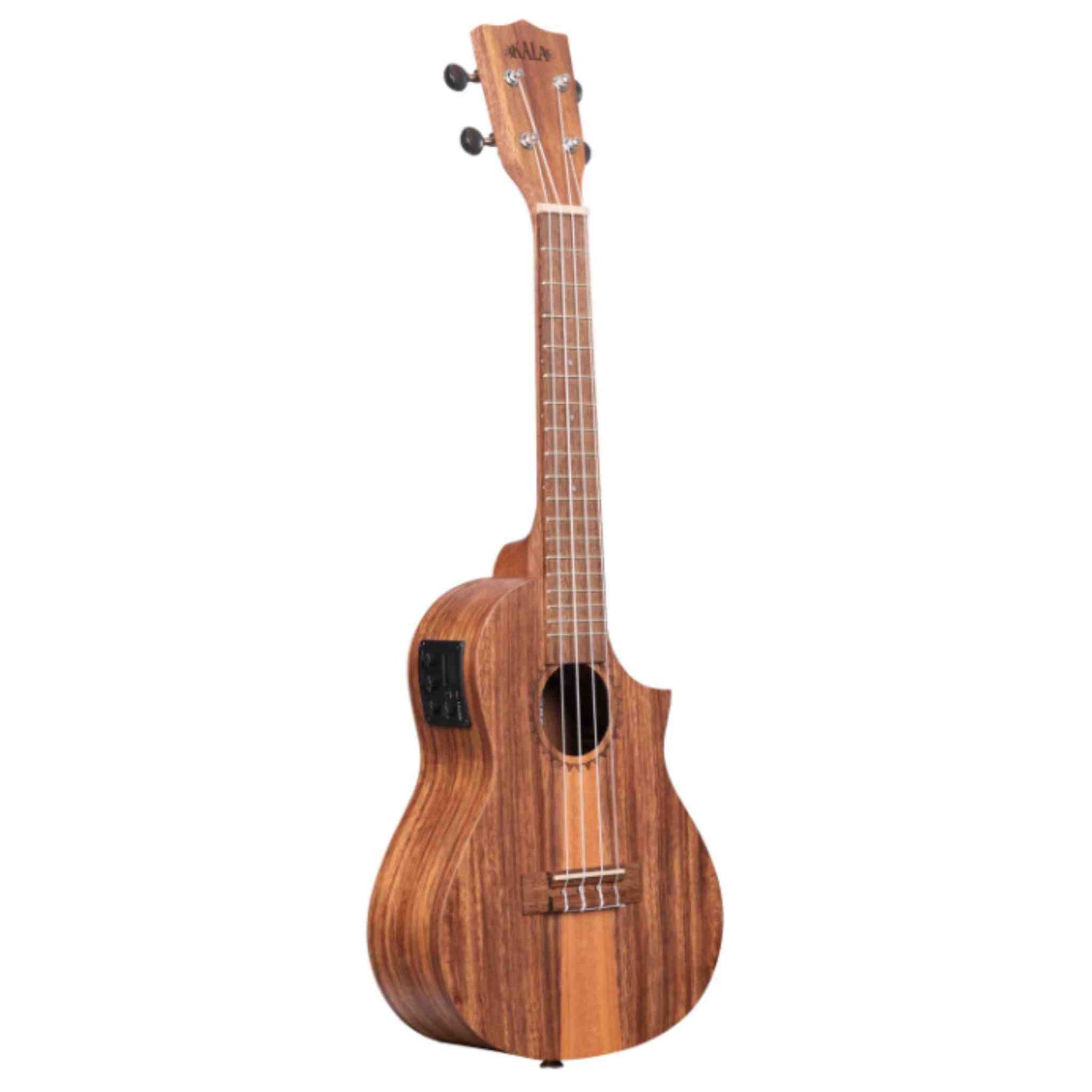 The image shows a beautiful acoustic-electric ukulele with a warm-toned wooden body, likely koa or mahogany. It has four strings and tuning pegs, a cutaway design for easier fret access, and a black pickup/preamp on the side. The fretboard has multiple frets with position markers, and the traditional wooden bridge features a bone or synthetic saddle. It appears to be a concert or tenor size, suitable for both casual and performance use.