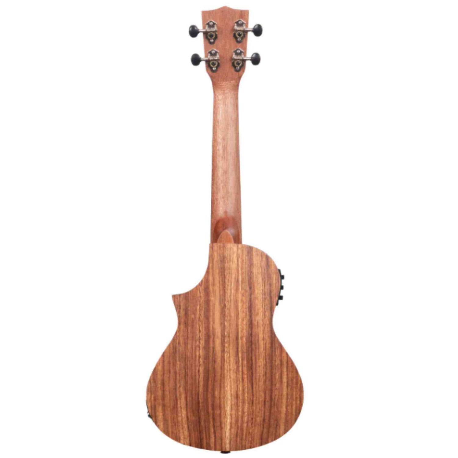 The image shows the back of a natural wood ukulele with four tuning pegs (two per side) on the headstock. It features a compact, traditional body shape with a smooth, clean finish that highlights the wood grain. Likely a concert or tenor size, this acoustic ukulele resembles models made from koa or mahogany, showcasing the classic design of this popular Hawaiian string instrument.