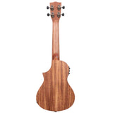 The image shows the back of a natural wood ukulele with four tuning pegs (two per side) on the headstock. It features a compact, traditional body shape with a smooth, clean finish that highlights the wood grain. Likely a concert or tenor size, this acoustic ukulele resembles models made from koa or mahogany, showcasing the classic design of this popular Hawaiian string instrument.