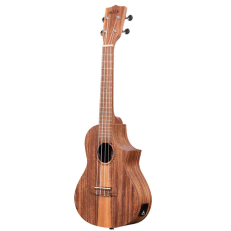 The image shows a beautiful wooden ukulele with natural grain, likely mahogany or koa. It is a concert or tenor size with four strings, a wooden fretboard with markers, and a headstock featuring four tuning pegs and a logo. It has a round sound hole, a cutaway design for access to higher frets, and an input jack, indicating it is an acoustic-electric model with a warm, polished finish.
