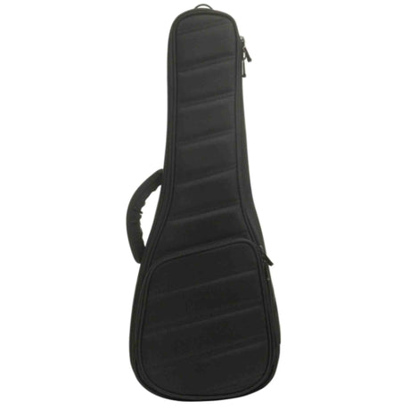 The image shows a black padded nylon guitar gig bag with a guitar-shaped profile, suitable for acoustic or electric guitars. It features dual shoulder straps, a top handle, multiple zippers, and an external front pocket for accessories. Designed for lightweight, portable protection, it shields the instrument from scratches and minor impacts, offering convenient transport for performances and travel.