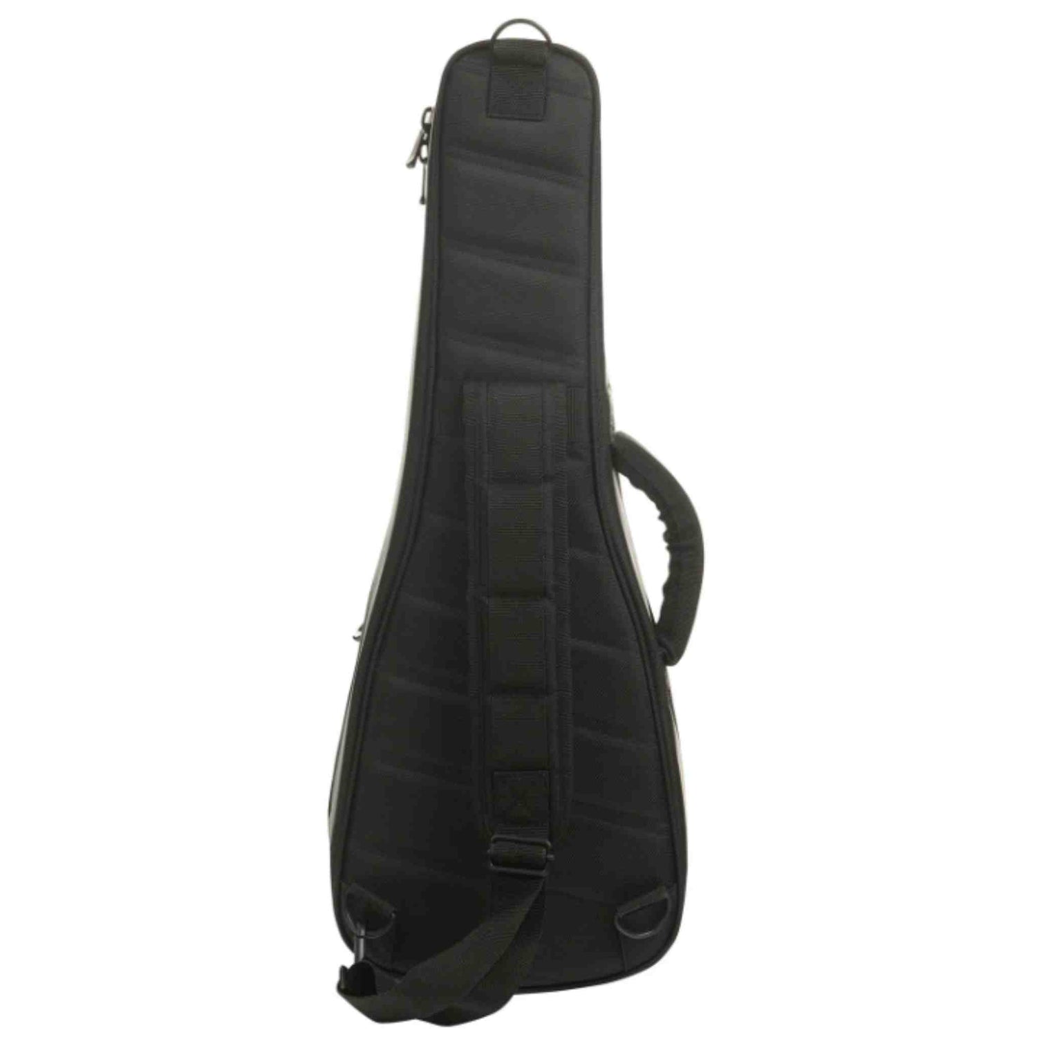 The image shows a black padded electric guitar gig bag with a quilted exterior, full-length zipper, padded shoulder strap, top handle, and an external front pocket for accessories. It features the typical elongated shape for electric guitars and offers lightweight, portable protection, making it ideal for transporting guitars during gigs, lessons, or practice sessions.