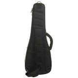 The image shows a black padded electric guitar gig bag with a quilted exterior, full-length zipper, padded shoulder strap, top handle, and an external front pocket for accessories. It features the typical elongated shape for electric guitars and offers lightweight, portable protection, making it ideal for transporting guitars during gigs, lessons, or practice sessions.