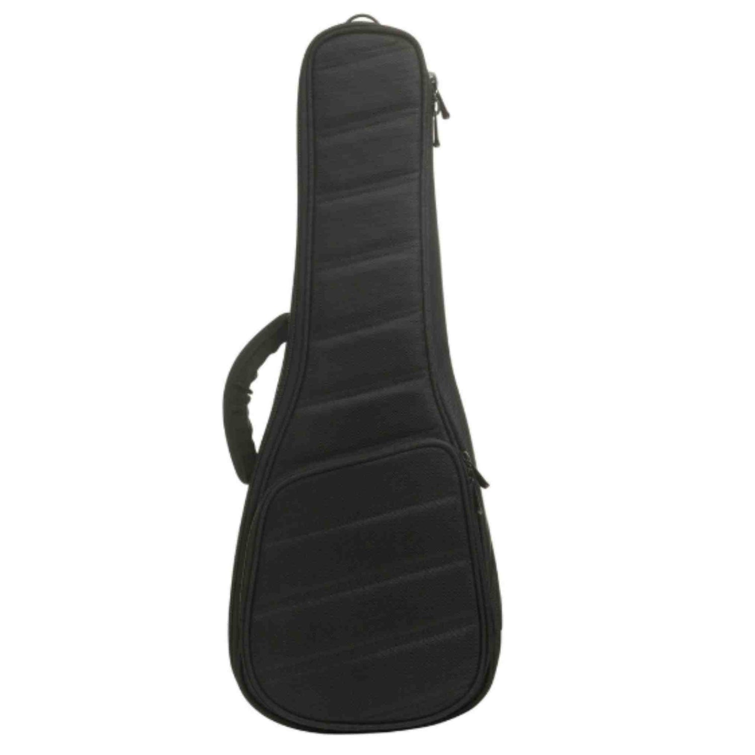 The image shows a black padded guitar gig bag with a quilted exterior, zippered closure, carrying handle, and adjustable shoulder straps. Its elongated shape fits a guitar’s body and neck. This lightweight, portable soft case offers protection against minor bumps and is suitable for acoustic, electric, or bass guitars. Some models include exterior pockets for accessories like picks and cables.