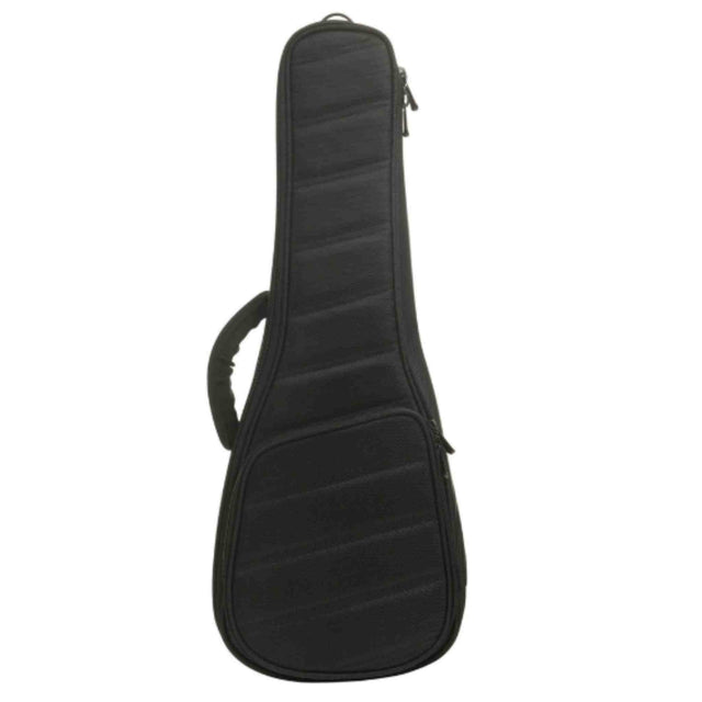The image shows a black padded guitar gig bag with a quilted exterior, zippered closure, carrying handle, and adjustable shoulder straps. Its elongated shape fits a guitar’s body and neck. This lightweight, portable soft case offers protection against minor bumps and is suitable for acoustic, electric, or bass guitars. Some models include exterior pockets for accessories like picks and cables.