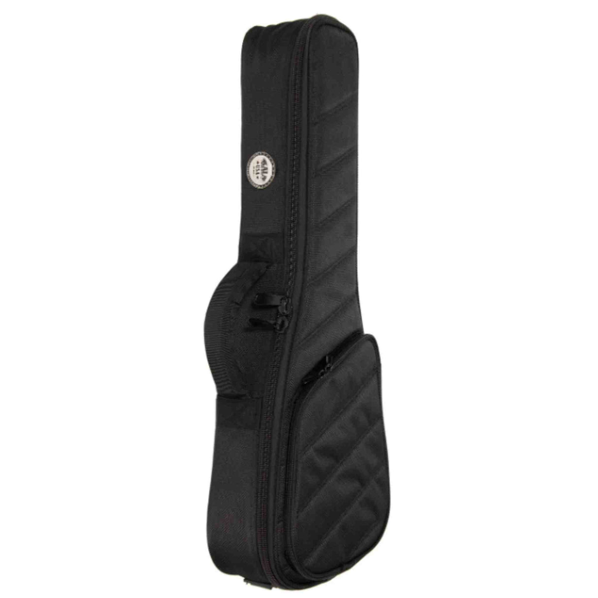 The image shows a black padded gig bag designed for a ukulele or small guitar. It features a quilted exterior, a full-length side zipper, a front pocket for accessories, carrying handles, and a circular brand logo on the upper part. This soft case offers lightweight protection and convenient storage for accessories like picks and tuners.