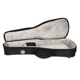 The image shows an open soft guitar case (gig bag) designed for acoustic guitars, with a black exterior and light gray/beige padded interior. It has a typical guitar shape, wider at the body and narrower at the neck. A small circular logo is visible on the outside, and a dark rectangular compartment is inside. The case has black binding and padded protection, offering lightweight, durable transport for musicians.