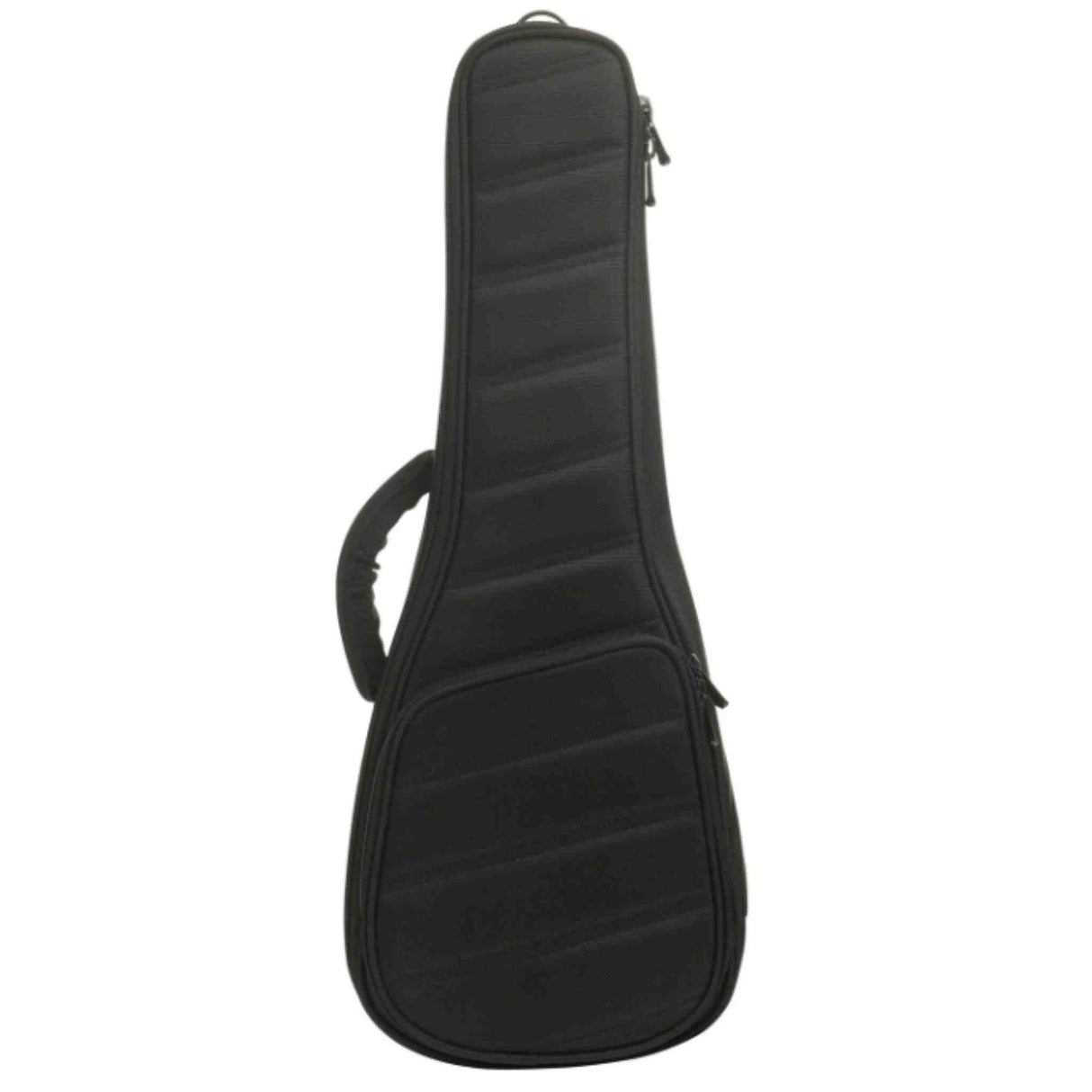The image shows a black padded nylon guitar gig bag with a guitar-shaped profile, suitable for acoustic or electric guitars. It features dual shoulder straps, a top handle, multiple zippers, and an external front pocket for accessories. Designed for lightweight, portable protection, it shields the instrument from scratches and minor impacts, offering convenient transport for performances and travel.
