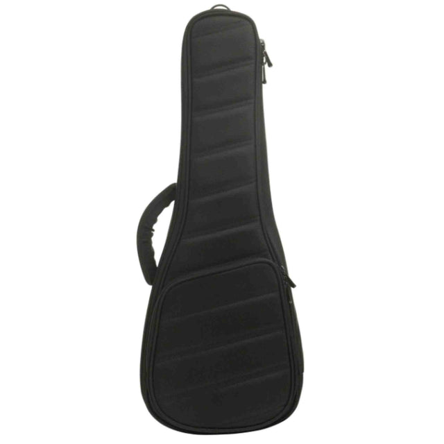 The image shows a black padded nylon guitar gig bag with a guitar-shaped profile, suitable for acoustic or electric guitars. It features dual shoulder straps, a top handle, multiple zippers, and an external front pocket for accessories. Designed for lightweight, portable protection, it shields the instrument from scratches and minor impacts, offering convenient transport for performances and travel.