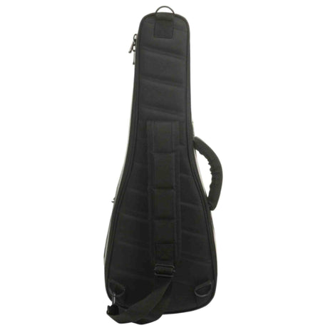 The image shows a black padded electric guitar gig bag with a quilted exterior, full-length zipper, padded shoulder strap, top handle, and an external front pocket for accessories. It features the typical elongated shape for electric guitars and offers lightweight, portable protection, making it ideal for transporting guitars during gigs, lessons, or practice sessions.