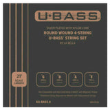 The image shows packaging for a Kala/La Bella U-Bass 4-string set (Model KA-BASS-4). The silver-plated, nylon-core, round-wound strings are for 21" scale U-Bass instruments. Gauges are G .050", D .065", A .095", E .110". Not compatible with Kala solid body U-Bass with magnetic pickups. Additional setup needed for polyurethane string models. Made in USA.