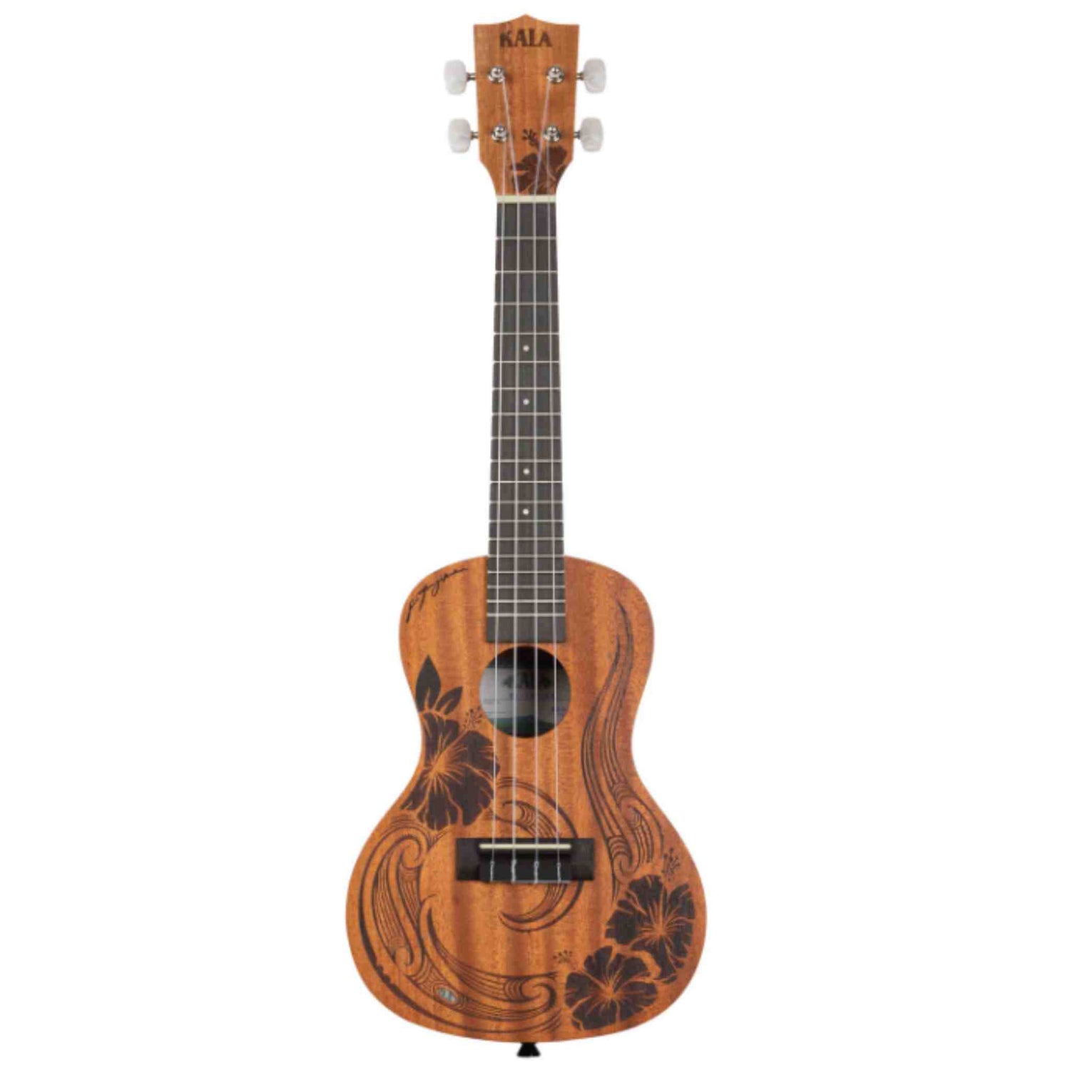 The image shows a beautiful Kala soprano or concert ukulele with a natural wood grain finish. It features a tropical hibiscus and wave design on the soundboard, four nylon strings, white tuning pegs, and a dark fretboard with position markers. The instrument combines classic Hawaiian-inspired aesthetics with functional construction, making it visually appealing and playable.