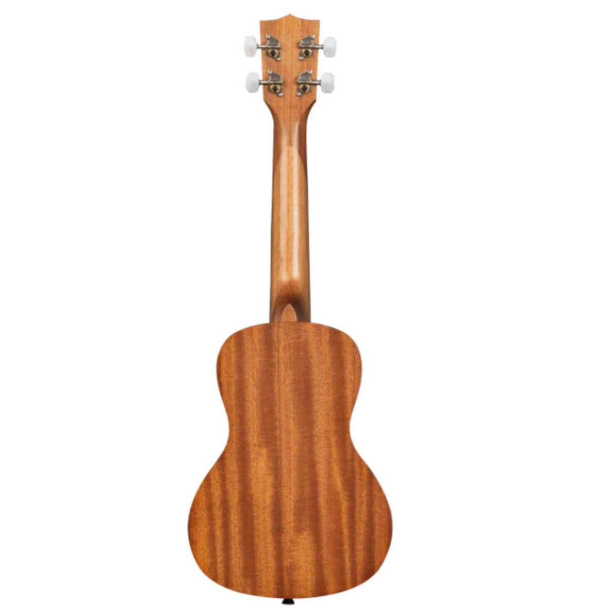 The image shows the back view of a ukulele with four chrome tuning pegs on the headstock. It has a natural, warm golden-brown wood finish with visible grain patterns. The body is compact and classic in shape, suggesting quality craftsmanship likely from hardwood such as mahogany. The smooth finish and clean construction highlight its well-made design, typical of ukuleles used in folk, Hawaiian, and contemporary music.