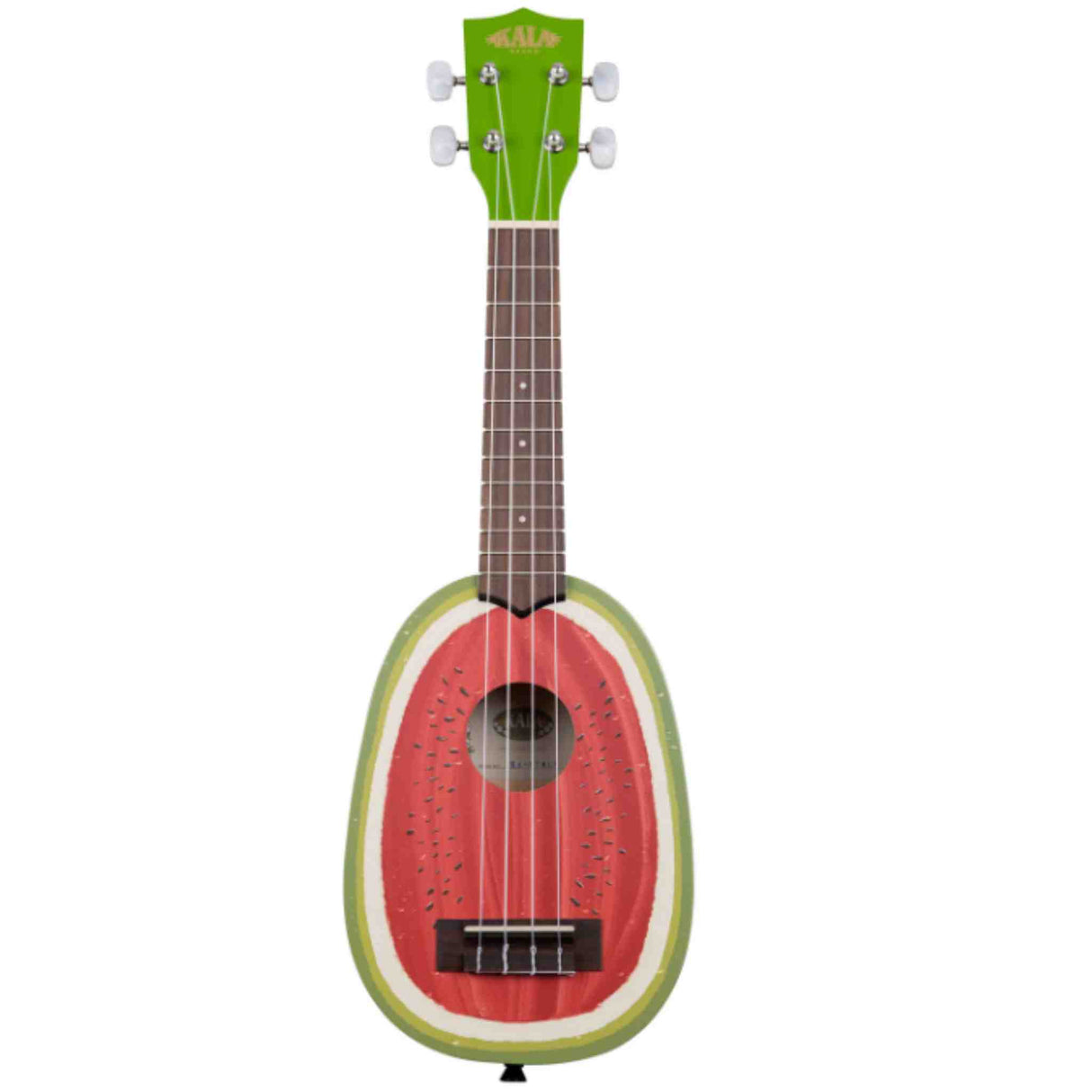 The image shows a novelty soprano ukulele with a watermelon design, featuring a body resembling a watermelon slice with green rind, red flesh, white layer, and black seeds. It has a bright green headstock, dark wood fretboard, four strings, tuning pegs, and a traditional bridge. This playful, fully functional instrument is ideal for beginners or collectors who enjoy colorful, whimsical ukuleles.