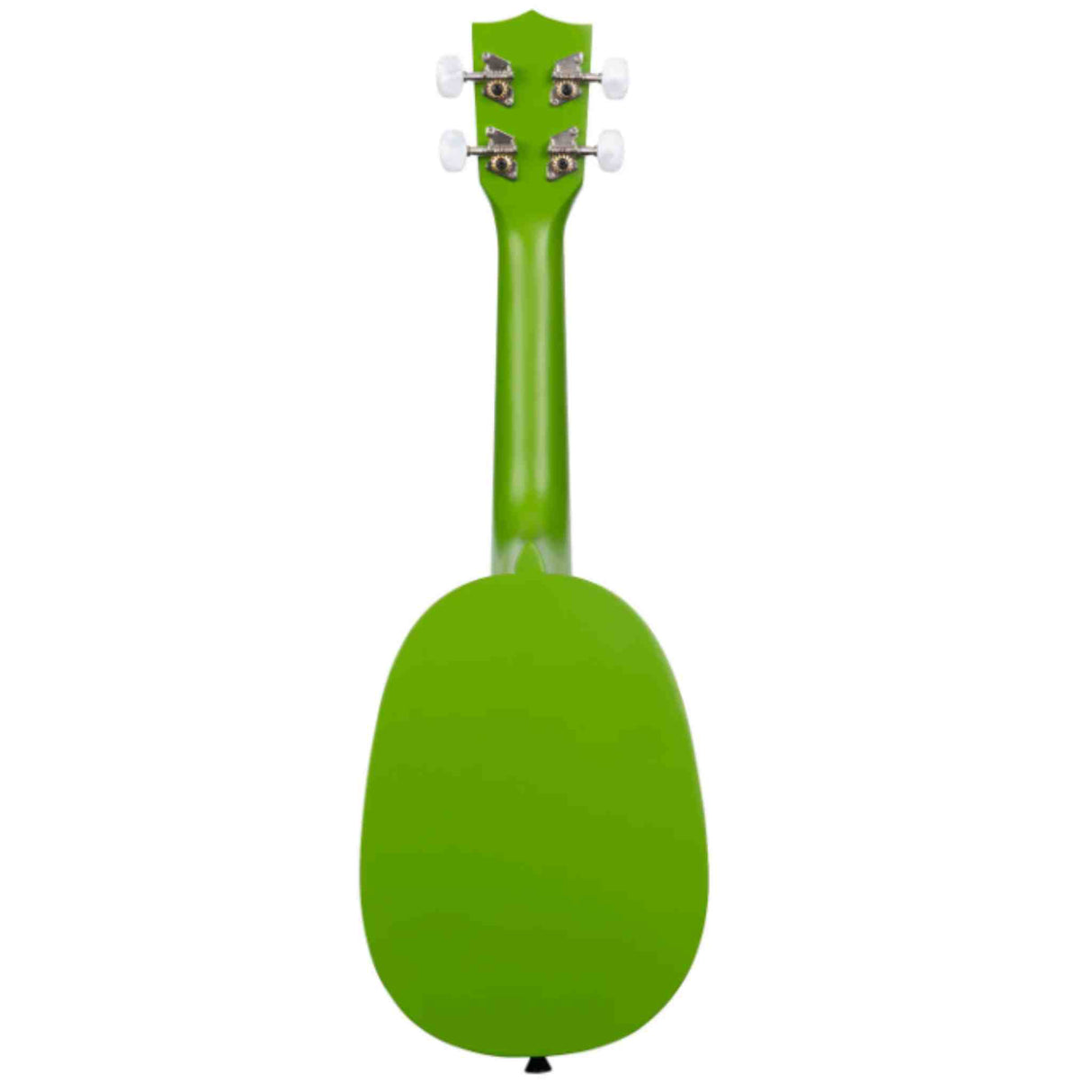 The image shows a bright lime green ukulele with a rounded body, long neck, and headstock featuring four white tuning pegs. It has a glossy finish and is likely a soprano or concert size. This small, four-stringed Hawaiian instrument is known for its cheerful sound and is popular with beginners due to its compact size and ease of play compared to a guitar.