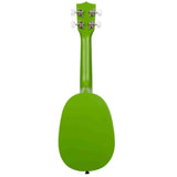 The image shows a bright lime green ukulele with a rounded body, long neck, and headstock featuring four white tuning pegs. It has a glossy finish and is likely a soprano or concert size. This small, four-stringed Hawaiian instrument is known for its cheerful sound and is popular with beginners due to its compact size and ease of play compared to a guitar.