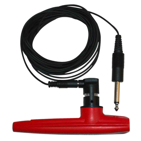 Red electric Kazoo with black cable and connector on a white background