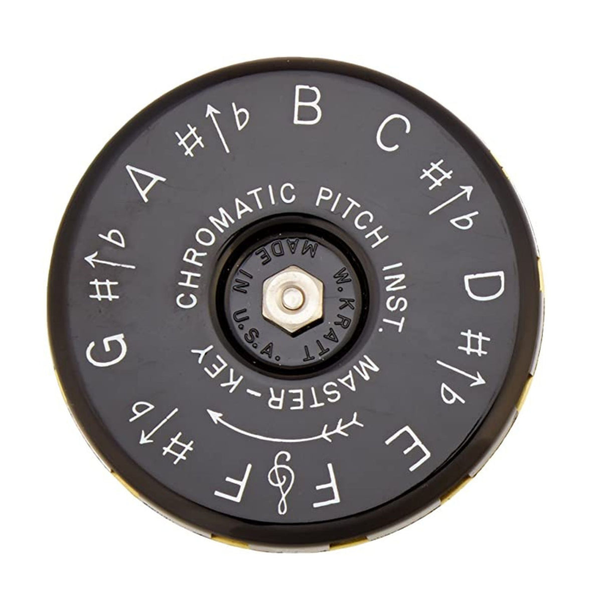 The black underside of the Kratt Chromatic pitch pipe with musical notation on a white background