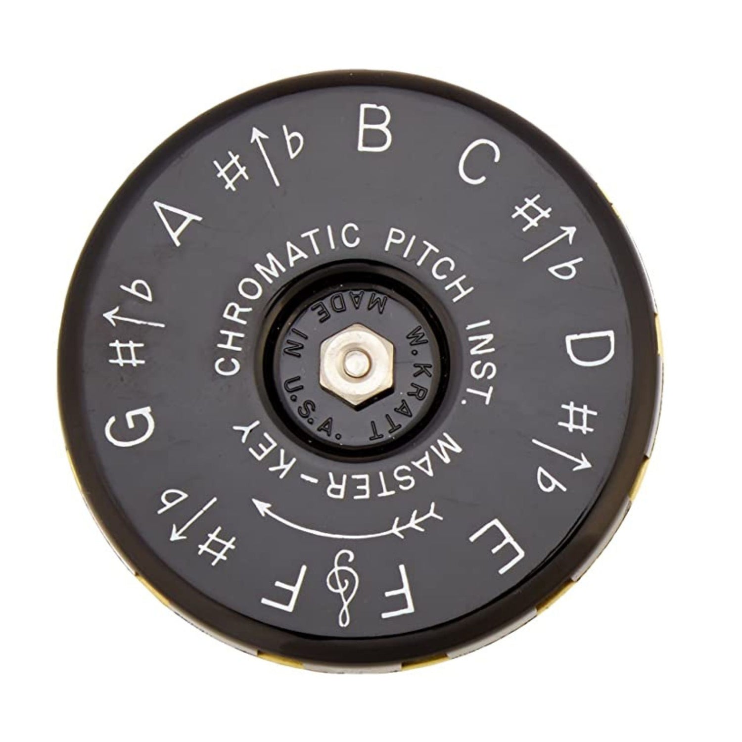 The black underside of the Kratt Chromatic pitch pipe with musical notation on a white background
