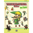 The image shows a piano sheet music book titled "The Legend of Zelda Series for Piano," Intermediate-Advanced Edition, published by Alfred Music. The cover features colorful artwork of Link playing an ocarina, surrounded by characters and adventure scenes from the Zelda games. A green banner at the top reads "PIANO SOLOS," indicating solo piano arrangements of iconic themes from the video game series.