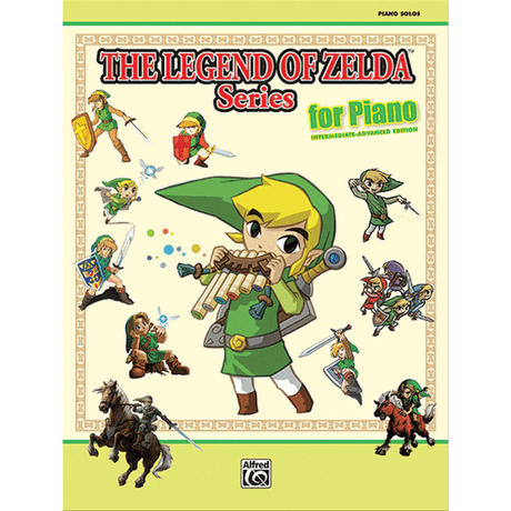 The image shows a piano sheet music book titled "The Legend of Zelda Series for Piano," Intermediate-Advanced Edition, published by Alfred Music. The cover features colorful artwork of Link playing an ocarina, surrounded by characters and adventure scenes from the Zelda games. A green banner at the top reads "PIANO SOLOS," indicating solo piano arrangements of iconic themes from the video game series.
