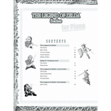 The image shows a sheet music book from "The Legend of Zelda" series, featuring piano arrangements of iconic themes from multiple games. The contents list pieces from The Legend of Zelda, Zelda II, A Link to the Past, and Link’s Awakening. It includes artwork of Link and other characters beside the track list, with page numbers for each song in this video game music collection.