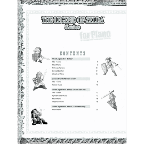 The image shows a sheet music book from "The Legend of Zelda" series, featuring piano arrangements of iconic themes from multiple games. The contents list pieces from The Legend of Zelda, Zelda II, A Link to the Past, and Link’s Awakening. It includes artwork of Link and other characters beside the track list, with page numbers for each song in this video game music collection.