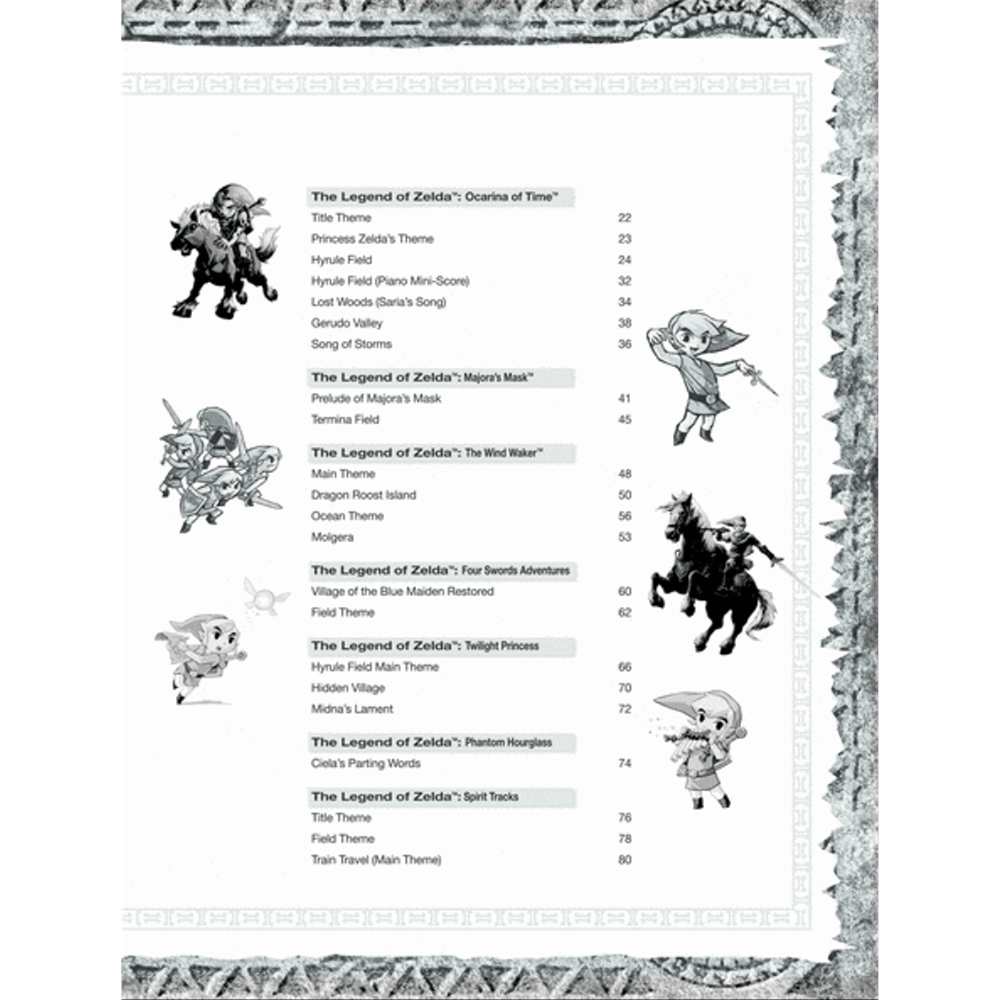 The image shows a table of contents page from a Zelda sheet music book, listing themes and tracks from various games like Ocarina of Time, Majora’s Mask, Wind Waker, and more. Each song title includes a page number. The page features black-and-white artwork of Link and other characters with an ornate border, reflecting the series’ style. This is a detailed collection of arranged music from the Zelda franchise.