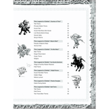 The image shows a table of contents page from a Zelda sheet music book, listing themes and tracks from various games like Ocarina of Time, Majora’s Mask, Wind Waker, and more. Each song title includes a page number. The page features black-and-white artwork of Link and other characters with an ornate border, reflecting the series’ style. This is a detailed collection of arranged music from the Zelda franchise.