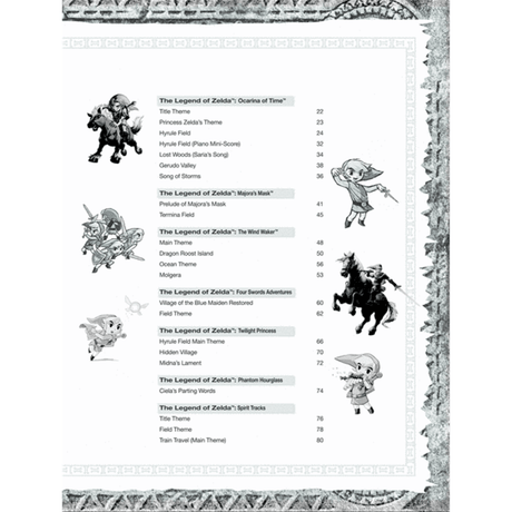 The image shows a table of contents page from a Zelda sheet music book, listing themes and tracks from various games like Ocarina of Time, Majora’s Mask, Wind Waker, and more. Each song title includes a page number. The page features black-and-white artwork of Link and other characters with an ornate border, reflecting the series’ style. This is a detailed collection of arranged music from the Zelda franchise.