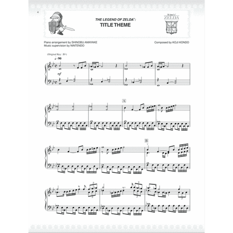 The image shows piano sheet music for "The Legend of Zelda: Title Theme" arranged by Shinobu Amayake. It features standard notation in B♭ major with treble and bass clefs, a tempo of ♩=90, and sections marked A and B. The arrangement, originally composed by Koji Kondo and supervised by Nintendo, includes melodic lines, bass patterns, and flowing sixteenth notes, suitable for intermediate to advanced players.