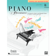 The image shows the cover of "Piano Adventures Popular Repertoire Level 3A" by Nancy and Randall Faber. It features a stylized grand piano with wings, a turquoise-to-white gradient background, and colorful text listing popular songs like "The Pink Panther" and "Superman." This educational piano book, part of the Faber Piano Adventures series published by Hal Leonard and Alfred Music, is designed for intermediate students.