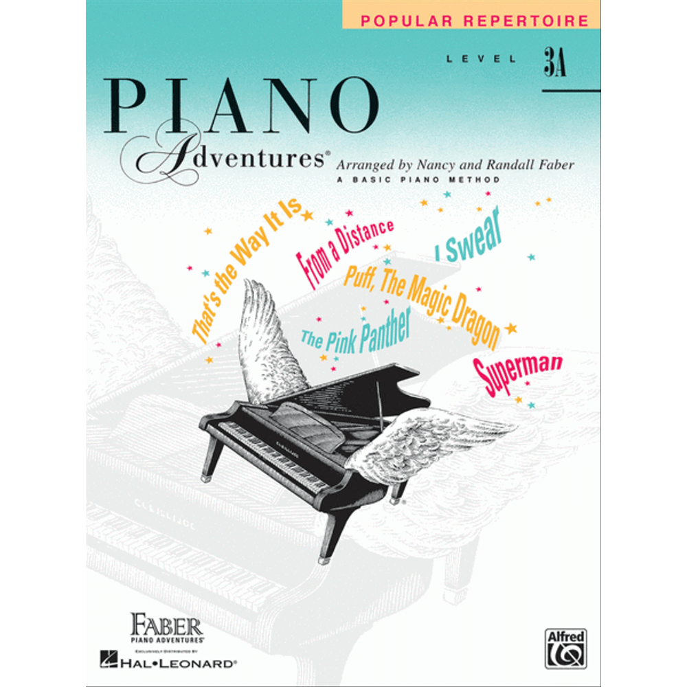 The image shows the cover of "Piano Adventures Popular Repertoire Level 3A" by Nancy and Randall Faber. It features a stylized grand piano with wings, a turquoise-to-white gradient background, and colorful text listing popular songs like "The Pink Panther" and "Superman." This educational piano book, part of the Faber Piano Adventures series published by Hal Leonard and Alfred Music, is designed for intermediate students.