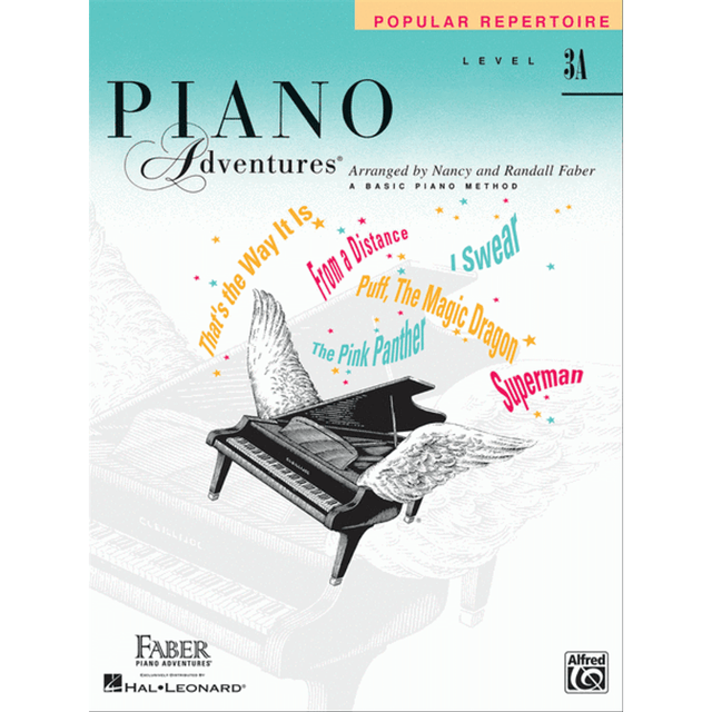 The image shows the cover of "Piano Adventures Popular Repertoire Level 3A" by Nancy and Randall Faber. It features a stylized grand piano with wings, a turquoise-to-white gradient background, and colorful text listing popular songs like "The Pink Panther" and "Superman." This educational piano book, part of the Faber Piano Adventures series published by Hal Leonard and Alfred Music, is designed for intermediate students.