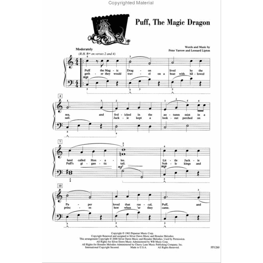 The image shows a piano sheet music page for "Puff, The Magic Dragon" with treble and bass clefs, 4/4 time, tempo marking "Moderately," dynamic markings, chord symbols, and fingering. The title and credits to Peter Yarrow and Leonard Lipton appear above lyrics beneath the notes. A black dragon silhouette decorates the top. The layout includes measure numbers and copyright info, indicating a published songbook format.