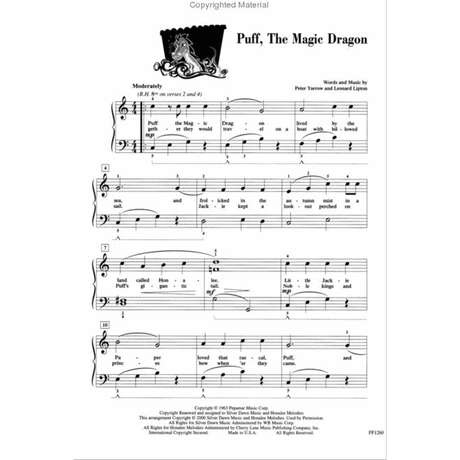 The image shows a piano sheet music page for "Puff, The Magic Dragon" with treble and bass clefs, 4/4 time, tempo marking "Moderately," dynamic markings, chord symbols, and fingering. The title and credits to Peter Yarrow and Leonard Lipton appear above lyrics beneath the notes. A black dragon silhouette decorates the top. The layout includes measure numbers and copyright info, indicating a published songbook format.