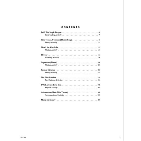 The image shows a table of contents from a music education book featuring songs like "Puff, The Magic Dragon," "I Will Always Love You," and cartoon themes. It includes educational activities such as sightreading, theory, rhythm, harmony, ear-training, and accompaniment exercises. A music dictionary is also listed. The book number "FF1260" appears at the bottom, indicating it’s part of a published music education series.