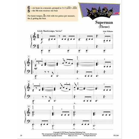 The image shows a page of piano sheet music for John Williams' "Superman Theme" in 6/8 time, marked "Lively March tempo, 'in two'." It features treble and bass clefs, dynamic marking "f," and dotted rhythmic patterns. The page includes measure numbers, a city skyline header, copyright from Warner-Tamerlane Publishing Corp., and page 20 with catalog FF1260, indicating an intermediate piano arrangement.