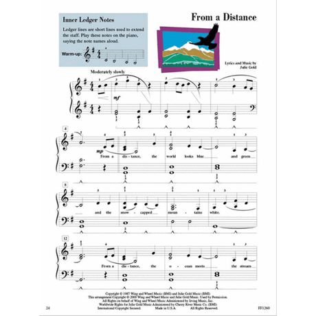 The image shows a page of piano sheet music for "From a Distance" by Julie Gold, arranged in D major, 4/4 time, marked moderately slowly. It includes lyrics, chord symbols, dynamic markings, measure numbers, and fingering. An instructional box explains ledger lines with a warm-up exercise. A small landscape illustration of mountains and a flying eagle decorates the page, indicating it is from an intermediate piano method book.