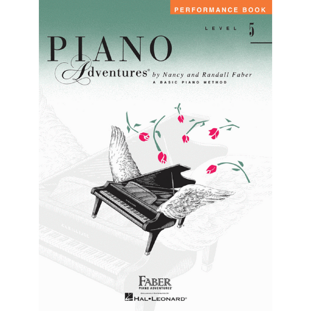 The image shows the cover of "Piano Adventures Performance Book Level 5" by Nancy and Randall Faber. It features a stylized black-and-white grand piano with keys transforming into bird wings, pink cherry blossoms above, a green-to-white gradient background, and an orange "Performance Book" banner. This intermediate-level piano method book is part of the popular Hal Leonard Basic Piano Method series.