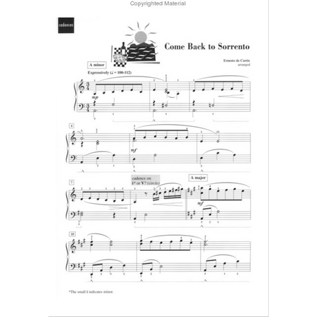 The image shows a page of piano sheet music for "Come Back to Sorrento" ("Torna a Surriento"), a Neapolitan song by Ernesto de Curtis. It is in A minor, marked "Expressively (♩ = 100-112)," with grand staff notation, chord symbols, dynamics, phrasing, and measure numbers. The top includes a coastal illustration and publisher info labeled "Copyrighted Material" and "cadences."