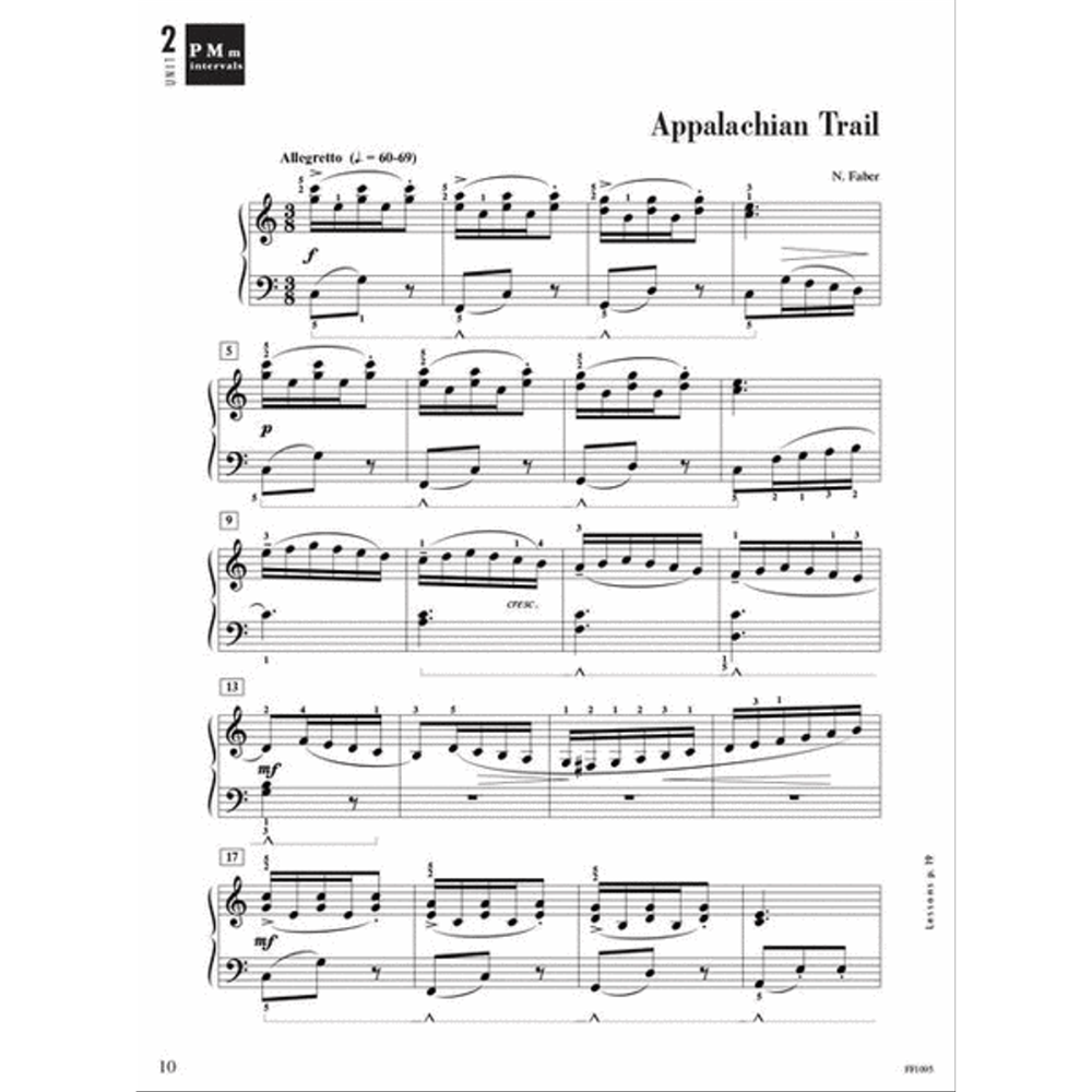 The image shows a page of piano sheet music titled "Appalachian Trail" by N. Faber. It features a grand staff in 6/8 time, marked Allegretto (♩. = 60-69), with dynamic markings like forte, piano, mezzo-forte, and crescendo. Phrase markings, slurs, accents, and measure numbers (5, 9, 13, 17) appear. This is page 10, published by PM Intervals, with clean, professional notation aimed at intermediate pianists.