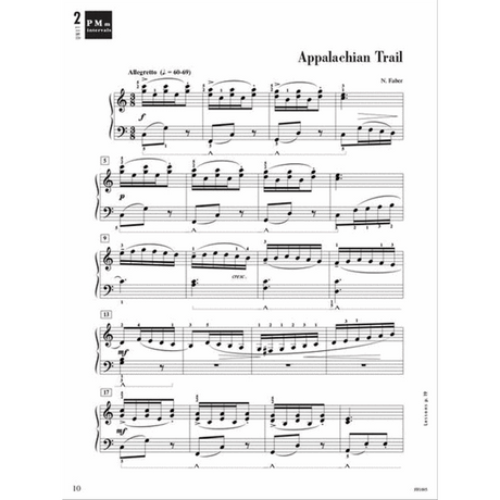 The image shows a page of piano sheet music titled "Appalachian Trail" by N. Faber. It features a grand staff in 6/8 time, marked Allegretto (♩. = 60-69), with dynamic markings like forte, piano, mezzo-forte, and crescendo. Phrase markings, slurs, accents, and measure numbers (5, 9, 13, 17) appear. This is page 10, published by PM Intervals, with clean, professional notation aimed at intermediate pianists.