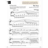 The image shows a page of sheet music for "The Swan" from Saint-Saëns' "Carnival of the Animals," arranged for piano in 6/8 time with treble and bass clefs. Markings include "Andante," "pp," "p cantabile," hand positions, fingerings, and slurs. It features educational notes, performance tips, and indicates it’s from a method book (page 14). The original piece features a cello melody, here adapted for intermediate students.