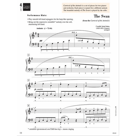 The image shows a page of sheet music for "The Swan" from Saint-Saëns' "Carnival of the Animals," arranged for piano in 6/8 time with treble and bass clefs. Markings include "Andante," "pp," "p cantabile," hand positions, fingerings, and slurs. It features educational notes, performance tips, and indicates it’s from a method book (page 14). The original piece features a cello melody, here adapted for intermediate students.