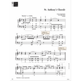 The image shows a page of piano sheet music for Franz Joseph Haydn's "St. Anthony's Chorale" in B-flat major, 2/4 time, marked Maestoso (quarter note = 50-56). It features treble and bass clefs, fingering, lettered sections, cadence notes, rhythm counting ("1 e and a 2 and"), and dynamic markings. The page (18, FF300) includes instructional annotations and performance guidance, indicating it is from an educational music book.