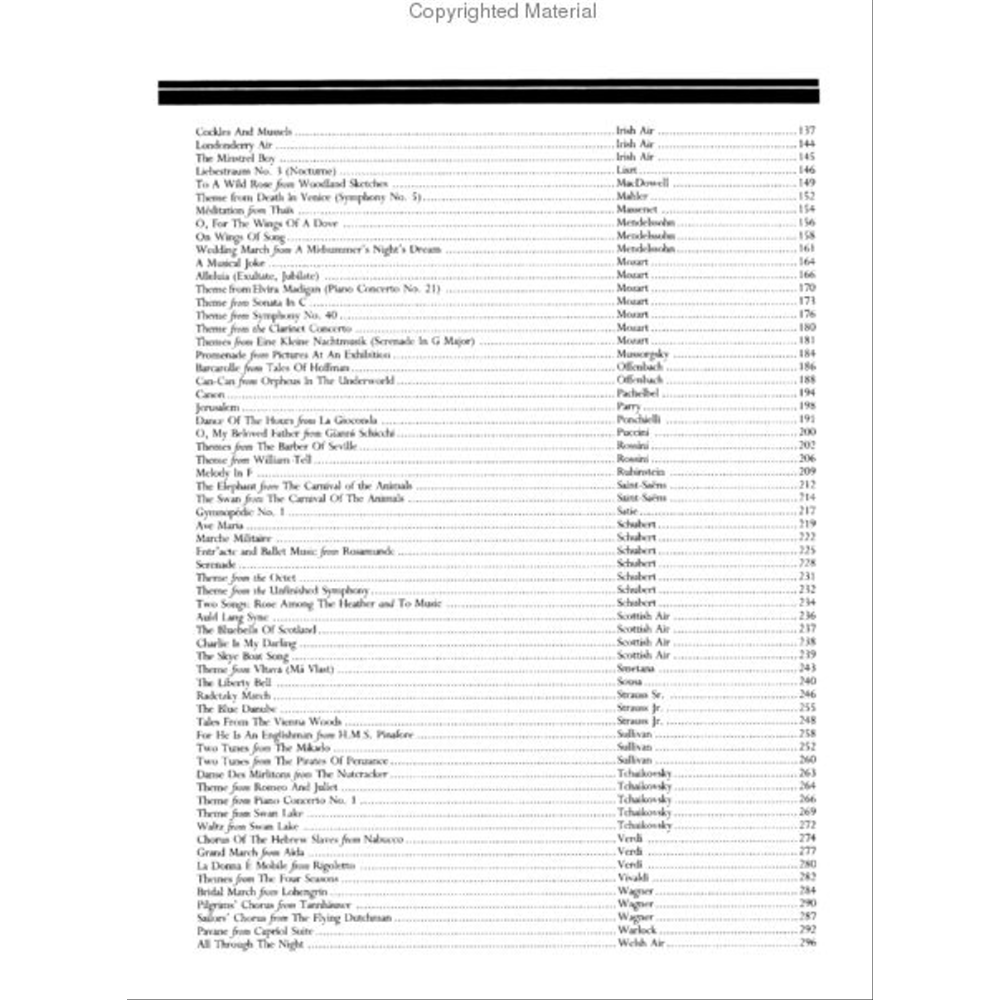 The image shows a table of contents page from a classical music songbook listing pieces alphabetically with composers and page numbers. It includes works by Mozart, Schubert, Tchaikovsky, Wagner, Verdi, and others, featuring instrumental themes, opera selections, folk songs, sacred music, and popular melodies. The page numbers indicate a large, comprehensive collection of sheet music.