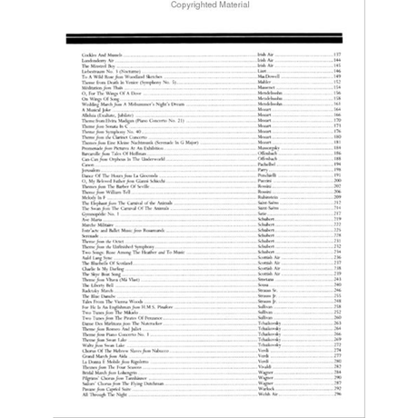 The image shows a table of contents page from a classical music songbook listing pieces alphabetically with composers and page numbers. It includes works by Mozart, Schubert, Tchaikovsky, Wagner, Verdi, and others, featuring instrumental themes, opera selections, folk songs, sacred music, and popular melodies. The page numbers indicate a large, comprehensive collection of sheet music.