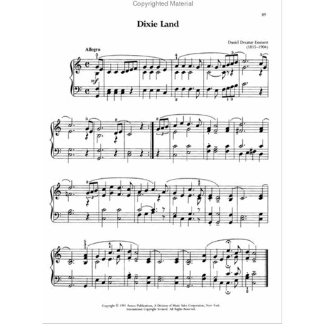 The image shows a page of piano sheet music for the song "Dixie" by Daniel Decatur Emmett. It features standard notation with treble and bass clefs, an Allegro tempo marking, notes, rests, slurs, and fingering numbers across four systems. The page includes a copyright from Amsco Publications, page number 89, and a "Copyrighted Material" watermark.